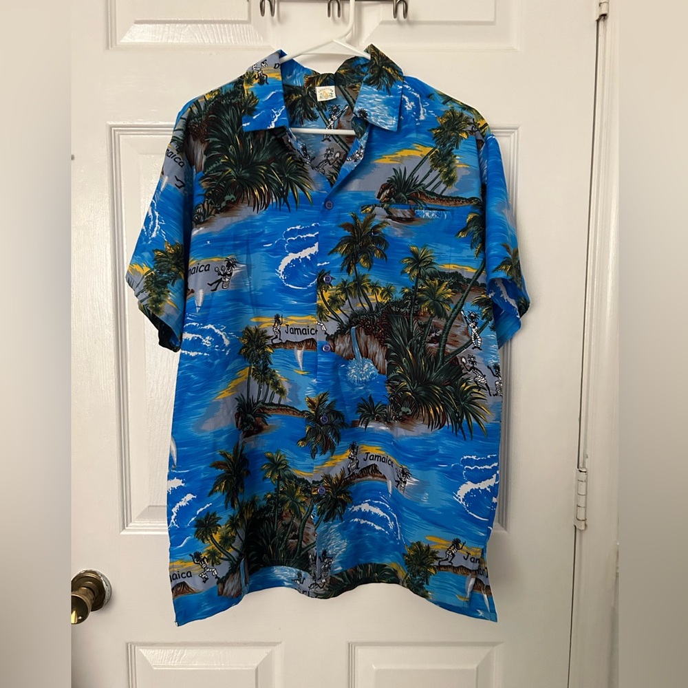 Men's Blue Tropical Print Short-Sleeve Button-Down Shirt